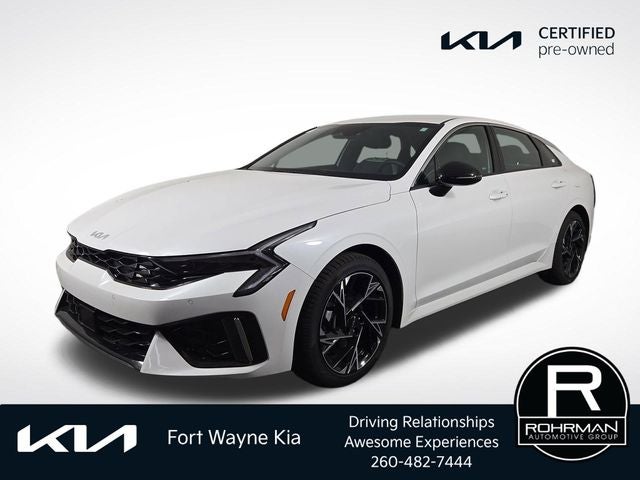 2026 Kia K5 GT-Line in Snow White Pearl — front three-quarter view