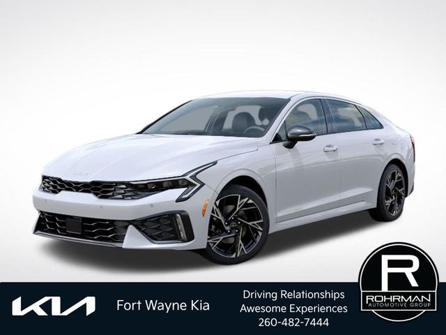 2026 Kia K5 GT-Line in Snow White Pearl — front three-quarter view